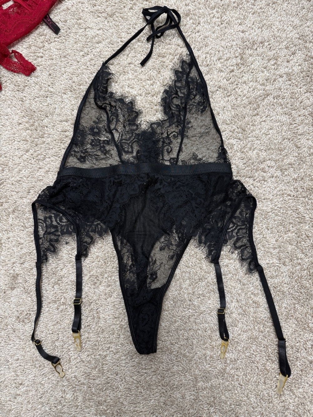 Black Lace Halter Teddy with Garter Straps
